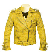 Yellow Gothic Steampunk Jacket Gun Spiked Leather with Full Studded Armor & Brando Style
